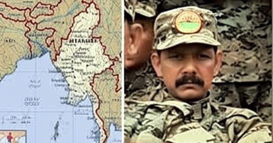 A split image featuring a map of Myanmar on the left, showing its geographical boundaries and neighboring countries including India, and a photograph on the right of a person in a camouflage military uniform with a cap bearing a Myanmar military insignia, standing with arms crossed. An additional map of Myanmar is included below the photograph.