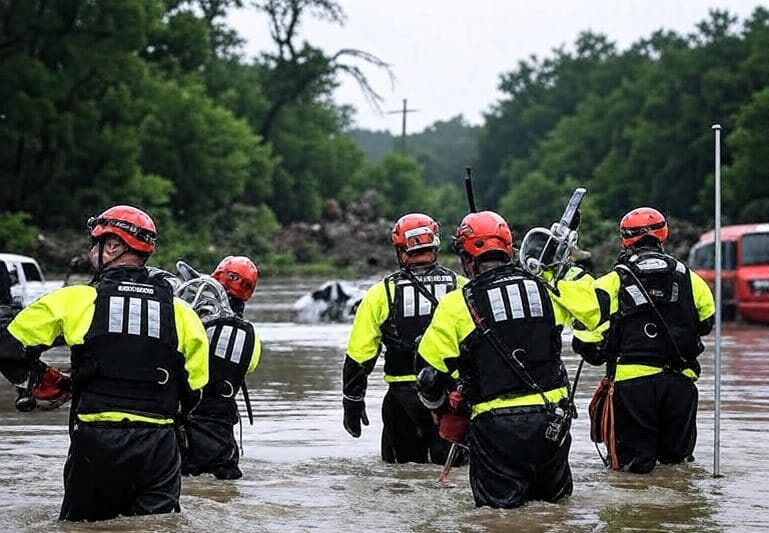 The image depicts a group of rescue personnel wading through floodwaters. The individuals are wearing red helmets, black wetsuits, and high-visibility yellow jackets with reflective stripes, equipped with rescue gear. They are navigating through a submerged area with debris and vehicles partially visible in the background, surrounded by dense green trees under a cloudy sky. A tire and emergency vehicle are also visible on the right side of the image.