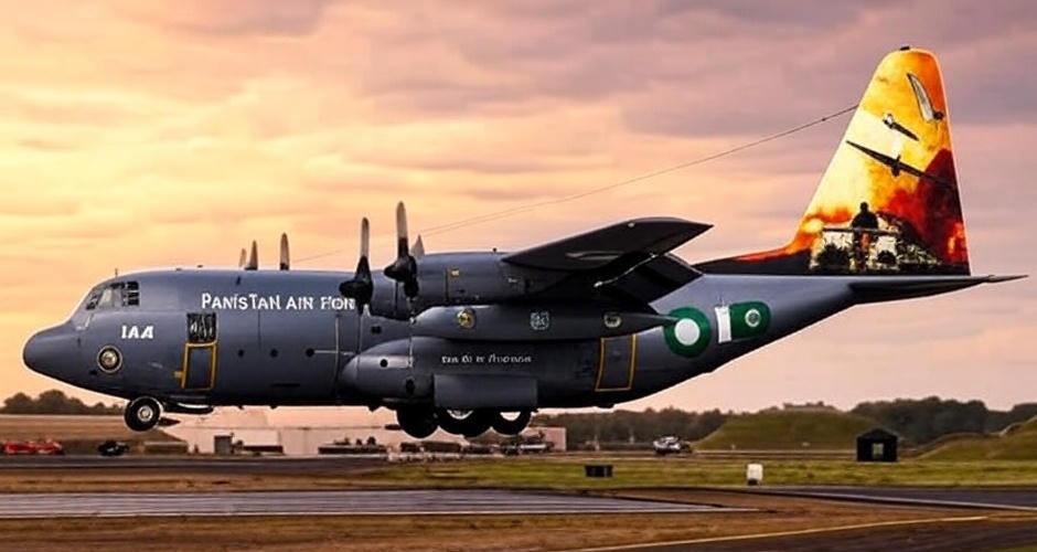A Pakistan Air Force C-130 Hercules aircraft is captured in motion on a runway during takeoff or landing. The aircraft features a gray body with the text "Pakistan Air Force" and the registration "IAA 144" on its fuselage. The tail is adorned with a vibrant artistic livery depicting aircraft in flight and a scene with orange and red hues, symbolizing action or readiness. The Pakistani flag and the number "01" are prominently displayed on the tail. The background includes a cloudy sky with a sunset glow, grassy fields, and airfield structures.