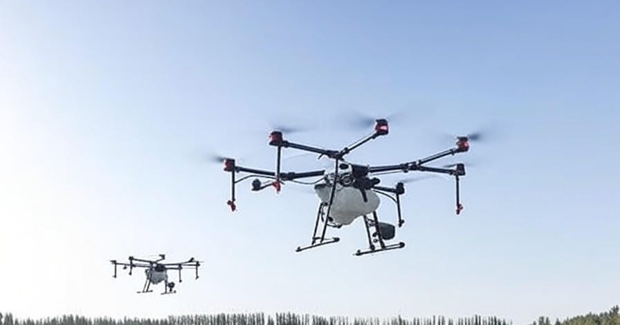 Two agricultural drones with multiple propellers and spraying equipment hover over a field under a clear blue sky, with a line of trees visible in the background.
