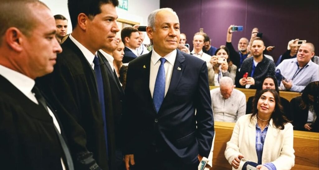 A man in a dark suit with a blue tie and a pin, standing confidently in a courtroom or legislative setting, surrounded by other individuals in formal attire. Security personnel in black suits are visible on the left, while a crowd of onlookers, some taking photos with smartphones, is seated in the background. A woman in a light-colored blazer is seated on the right, holding a phone.