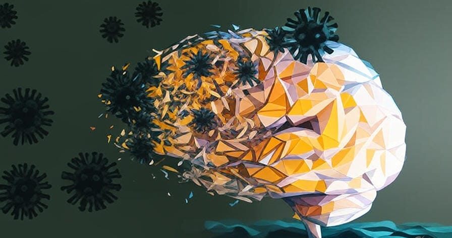The image is an abstract, artistic representation featuring a stylized human brain composed of geometric, polygonal shapes in shades of yellow, orange, and white. A portion of the brain appears to be disintegrating or exploding outward, with fragments scattering into the air. Interspersed among the fragments are dark, spiky virus-like structures, symbolizing a viral infection or impact. Several additional virus particles are scattered in the background against a muted green backdrop, with a subtle blue wave-like base at the bottom. The composition visually suggests the concept of a virus affecting or disrupting brain health, blending scientific and artistic elements.