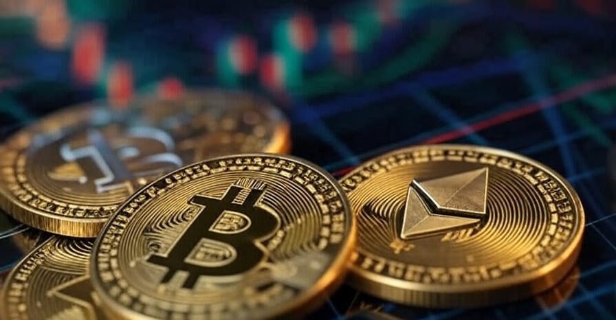 The image features a physical Bitcoin coin placed on a financial chart with fluctuating red and black lines, symbolizing market trends. The BlackRock logo is prominently displayed in bold black text across the center of the image, indicating an association with the financial institution known for its investment management services. The background includes a subtle gradient and additional chart elements, emphasizing the intersection of cryptocurrency and traditional finance.