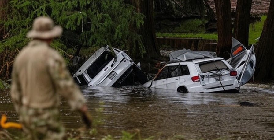 A rescuer in camouflage uniform stands in floodwater, observing two submerged white SUVs tangled among trees and a canoe, with debris scattered around, illustrating the devastating impact of the Central Texas floods along the Guadalupe River in July 2025.