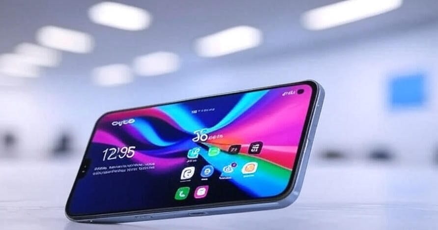 A vibrant promotional image of an OPPO smartphone displaying the ColorOS 15 interface, featuring a colorful gradient background with swirling blue, pink, and purple hues. The screen shows the time as 12:35, a 36% battery indicator, and various app icons including messaging, social media, and productivity tools. The phone is positioned at an angle, floating slightly above a sleek table in a modern office setting with large windows, soft lighting, and blurred office furniture in the background.