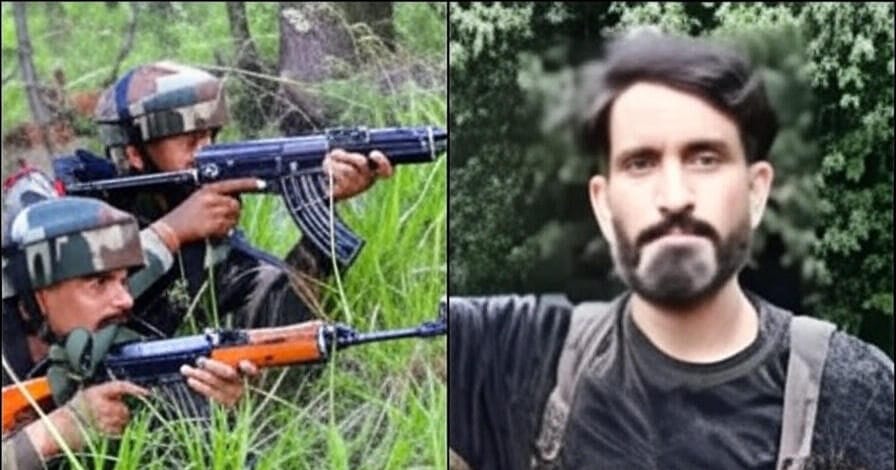 A split image featuring two scenes. On the left, two soldiers in camouflage uniforms and helmets are crouched in tall grass, each holding an AK-47 rifle, with a forested background. On the right, a man with a beard and dark hair, wearing a black shirt and a tactical vest, stands outdoors with a blurred green background.