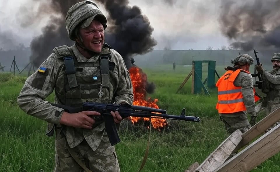 The image depicts a soldier in camouflage uniform with a Ukrainian flag patch on the sleeve, holding a rifle and standing in a grassy field. The soldier is wearing a helmet and tactical vest, with flames and thick black smoke rising in the background, indicating a combat or training scenario. Another soldier in an orange safety vest and helmet, also armed, is visible to the right, navigating a wooden obstacle. Additional soldiers and structures can be seen in the smoky distance, suggesting an active military environment.