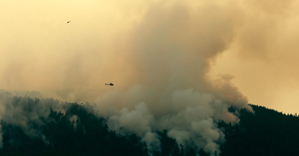 Thick smoke rises from a forested hillside during a wildfire, with two helicopters flying overhead, set against a hazy sky, highlighting the intensity of the 2025 wildfire season.