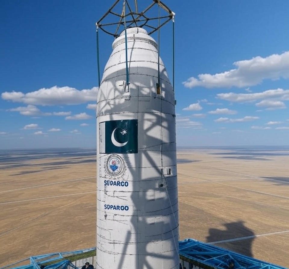 The image shows a cylindrical satellite payload adorned with the national flag of Pakistan and the logo of the Space and Upper Atmosphere Research Commission (SUPARCO), mounted on a launch platform. The satellite is surrounded by a blue support structure with technicians present, set against a vast, arid landscape under a clear blue sky with scattered clouds during sunset.