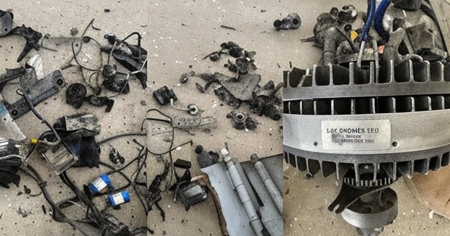 The image shows the wreckage of a drone, with scattered debris including burnt wires, electronic components, and a damaged engine labeled "UAV Engines Ltd" with the model number "752-4000-2588." The debris is spread across a concrete surface, with one section highlighting the engine's detailed structure, suggesting a possible drone strike or crash incident.