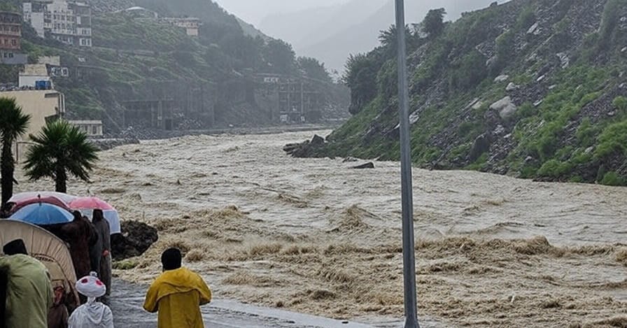 KPK region engulfed by severe monsoon floods on August 15, 2025, at 08:45 PM PKT, featuring flash floods in Khyber Pakhtunkhwa, damaged infrastructure, stranded residents near Neelum Valley, rescue operations under heavy rain, and visible environmental effects of glacier melt and deforestation.