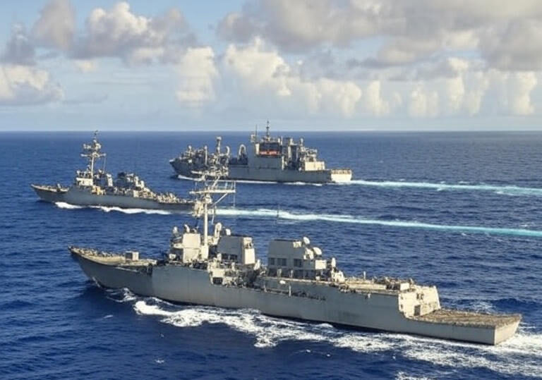 Three U.S. Navy ships sailing in formation on the open sea, featuring Arleigh Burke-class destroyers and an amphibious ready group, deployed near Venezuela for counter-narcotics operations.