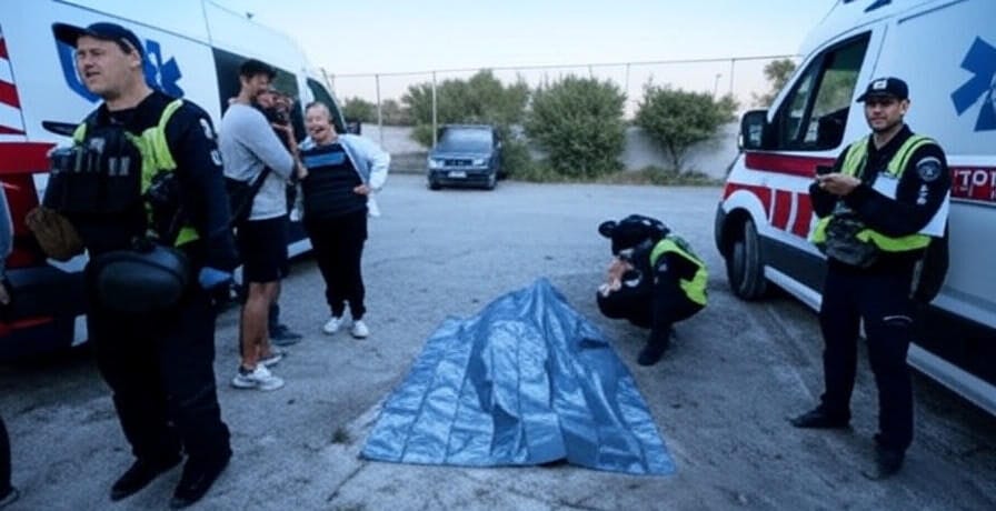 Emergency personnel and police officers stand around a body covered with a blue tarp near two ambulances in an outdoor setting with a building and bushes in the background.