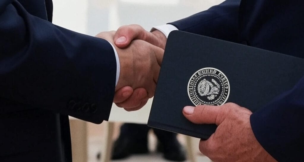 Two individuals in formal suits shaking hands, with one holding a black folder bearing the seal of the President of the United States.