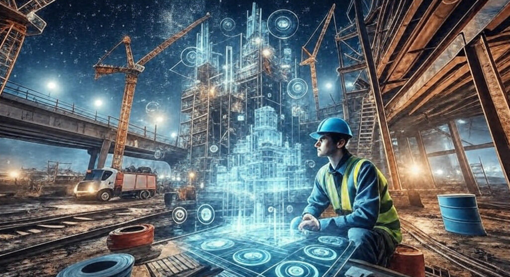 The image depicts a construction worker wearing a blue hard hat and a high-visibility yellow safety vest, sitting on the ground in a construction site. The worker is interacting with a holographic interface displaying 3D architectural blueprints and technical diagrams of a building structure. The background features a nighttime construction scene with cranes, a partially built framework, a bridge, a truck, construction materials, and industrial lighting, creating a futuristic and technological atmosphere.
