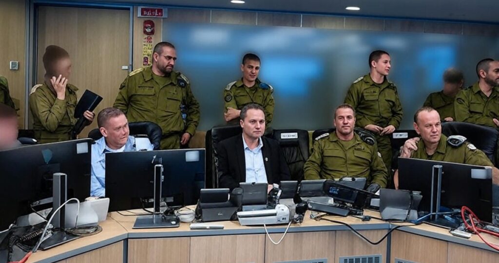 The image depicts a command center with multiple individuals, including military personnel in green uniforms and a central figure in a suit, seated at a desk equipped with computer monitors, communication devices, and other technological equipment. The setting suggests a high-level operational environment, with personnel engaged in monitoring and coordination activities. The focus keyword "Israel" aligns with the visible Hebrew signage and military uniforms, indicating a location or context related to Israel.