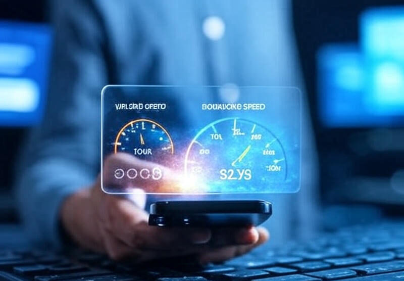 The image depicts a futuristic holographic display projecting from a smartphone held by a person wearing a blue shirt. The hologram features two digital speedometers labeled "WPIORENERE" (interpreted as "Upload Speed") and "BOANIFLOADIT" (interpreted as "Download Speed"). The upload speed gauge shows a value of 10 Gbps, while the download speed gauge indicates 500 Mbps, with a glowing needle pointing to the respective values. The background includes a blurred keyboard and a soft blue ambiance with bokeh lights, emphasizing a high-tech environment. The scene highlights advanced internet speed monitoring technology.