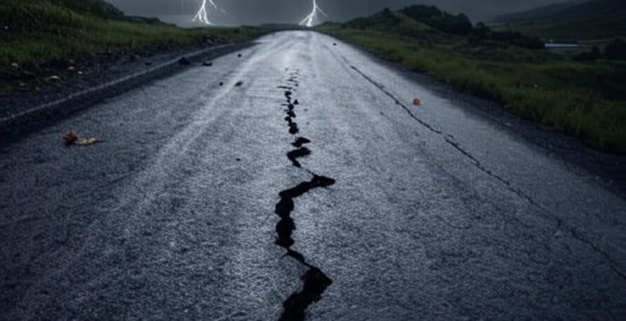 The image depicts a cracked asphalt road stretching into the distance, with a prominent fissure running down its center, caused by seismic activity. The scene is set under a dark, stormy sky with lightning strikes visible, surrounded by grassy hills and a wet road surface, emphasizing the aftermath of an earthquake.