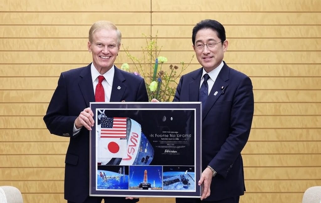 Two individuals in formal suits are standing side by side, holding a framed certificate featuring NASA and Japanese flags, an image of a rocket, and additional space-related imagery. The certificate includes text and signatures, and the background consists of a wooden panel wall with a floral arrangement.