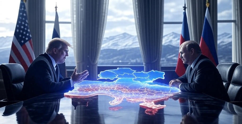 Trump and foreign leader negotiating over holographic Ukraine map, flanked by U.S. and Russian flags, with dramatic mountain backdrop, emphasizing diplomatic strategy.