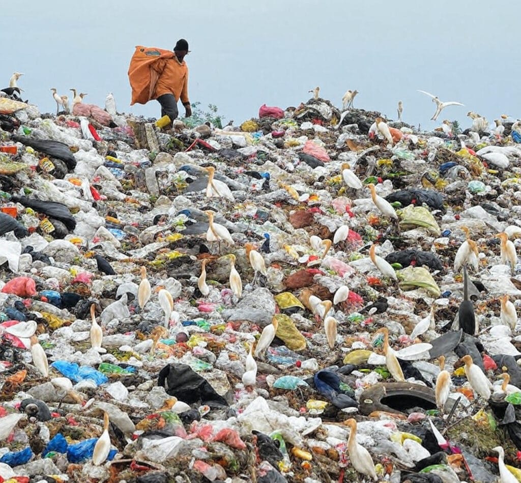 A person in an orange outfit and cap, carrying an orange bag, walks across a massive pile of colorful garbage and debris. Numerous white birds, including egrets, are scattered across the landfill, foraging among the waste under a clear sky with a few clouds and distant mountains.