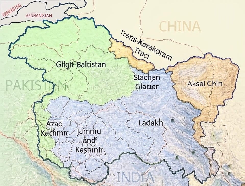 A detailed map highlighting the disputed regions of Jammu and Kashmir, including Gilgit-Baltistan, Azad Kashmir under Pakistan's control, and Jammu and Kashmir, Ladakh under India's control. The map also shows the Siachen Glacier, Trans-Karakoram Tract, and Aksai Chin, with borders marked between Pakistan, India, China, and Afghanistan. The terrain features are shaded to indicate mountainous and glacial areas.