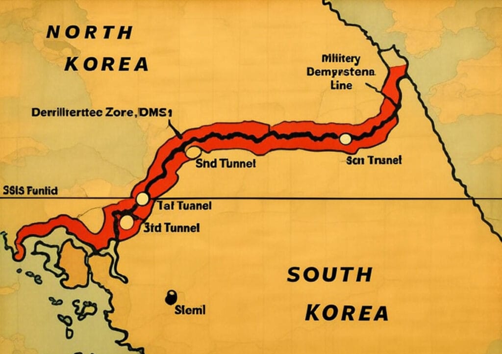Symbolic depiction of the Korean DMZ incident on August 19, 2025, showing a barbed-wire fence, South and North Korean flags, and soldiers near the MDL.