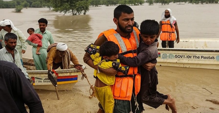 **Alt Text:** KPK region struck by devastating monsoon floods at 08:53 PM PKT on August 15, 2025, depicting flash floods in Khyber Pakhtunkhwa, collapsed infrastructure, stranded residents near Neelum Valley, active rescue operations under heavy rainfall, and clear environmental degradation from glacier melt and deforestation.