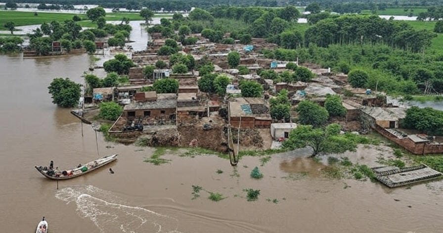 Flooded streets in a Pakistani city with rescue boats navigating, reflecting the 2025 monsoon crisis