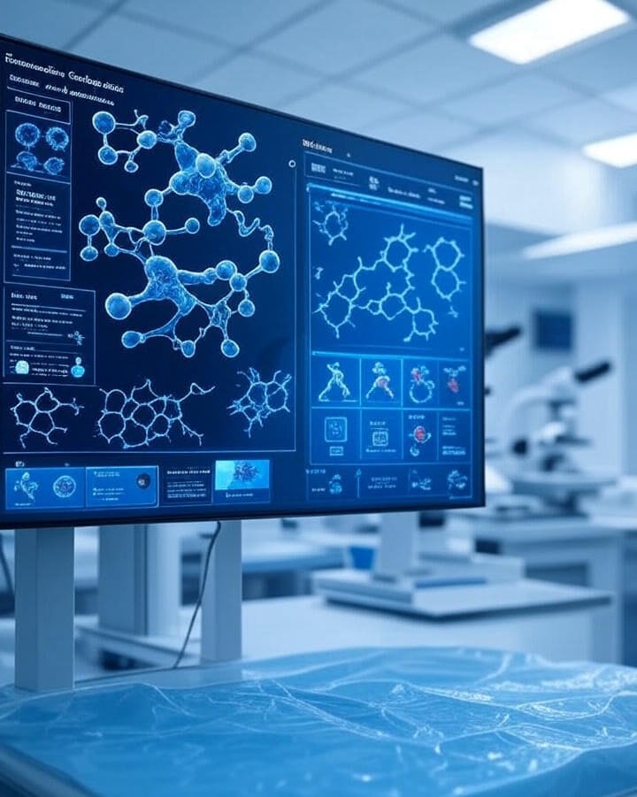 A sleek, minimalist AI device with a blue-lit screen displaying data, placed on a laboratory table. The background shows a blurred high-tech lab environment with scientists and equipment, representing AI innovation in diagnostics and drug discovery.
