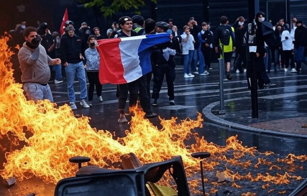 The image depicts a chaotic street scene during a protest in France, with a large fire burning in the foreground, engulfing a vehicle. In the midst of the flames, a group of protesters stands defiantly, one holding a French flag. The crowd includes individuals wearing casual clothing, some with masks and helmets, while others take photos or observe. The background shows a wet street, shuttered shops, and a mix of police and civilians, with smoke rising into the air, highlighting the intensity of the unrest.