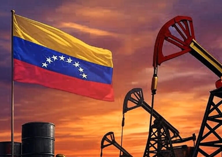 The image depicts the national flag of Venezuela prominently displayed in the foreground, featuring horizontal stripes of yellow, blue, and red with a semicircle of seven white stars on the blue stripe. In the background, several oil pumpjacks are visible against a vibrant sunset sky with hues of orange, pink, and purple, symbolizing the country's significant oil industry.