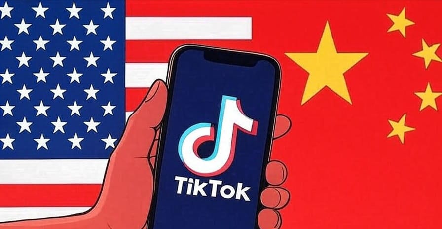 The image depicts a hand holding a smartphone displaying the TikTok logo, set against a background featuring the flags of the United States and China. The U.S. flag is on the left side, and the Chinese flag is on the right side, symbolizing a juxtaposition of the two nations. The smartphone screen shows a stylized interface with the TikTok application open.