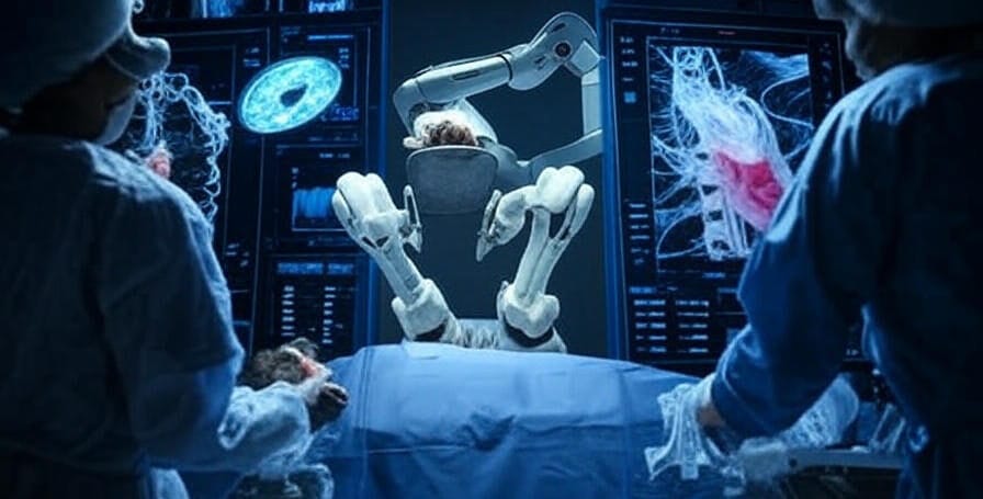 "A realistic scene of a high-tech operating room featuring a robotic surgical system with articulated arms operating on a patient under a blue surgical drape. Two surgeons in blue gowns stand on either side, with digital screens displaying detailed anatomical images and data, highlighting AI-driven surgical innovation.