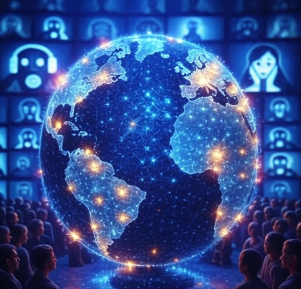 The image depicts a futuristic digital globe with a network of interconnected lights, representing a global communication or internet system. The globe is prominently centered, glowing with blue and orange hues, and is surrounded by silhouettes of people observing it. In the background, multiple screens display stylized human faces, suggesting a virtual or interconnected audience. The overall scene is illuminated with a vibrant, neon-like aesthetic, emphasizing a theme of global connectivity and technology.