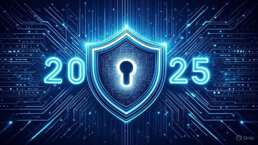 A futuristic digital shield with a glowing keyhole symbol, surrounded by intricate circuit patterns and the text "2025" in neon blue, representing advanced  agentic ai cybersecurity protection in 2025.