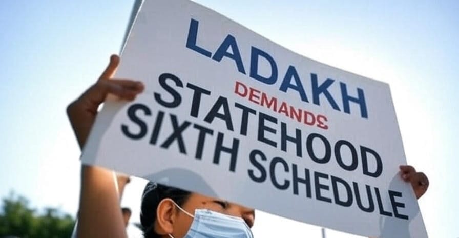 The image depicts a person holding a sign that reads "LADAKH STATE DEMANDS SIXTH SCHEDULE" in bold letters. The word "DEMANDS" is highlighted in red, while the rest of the text is in black and blue. The person is wearing a face mask, and the background shows green trees under a clear sky, suggesting an outdoor setting, possibly a protest or demonstration.