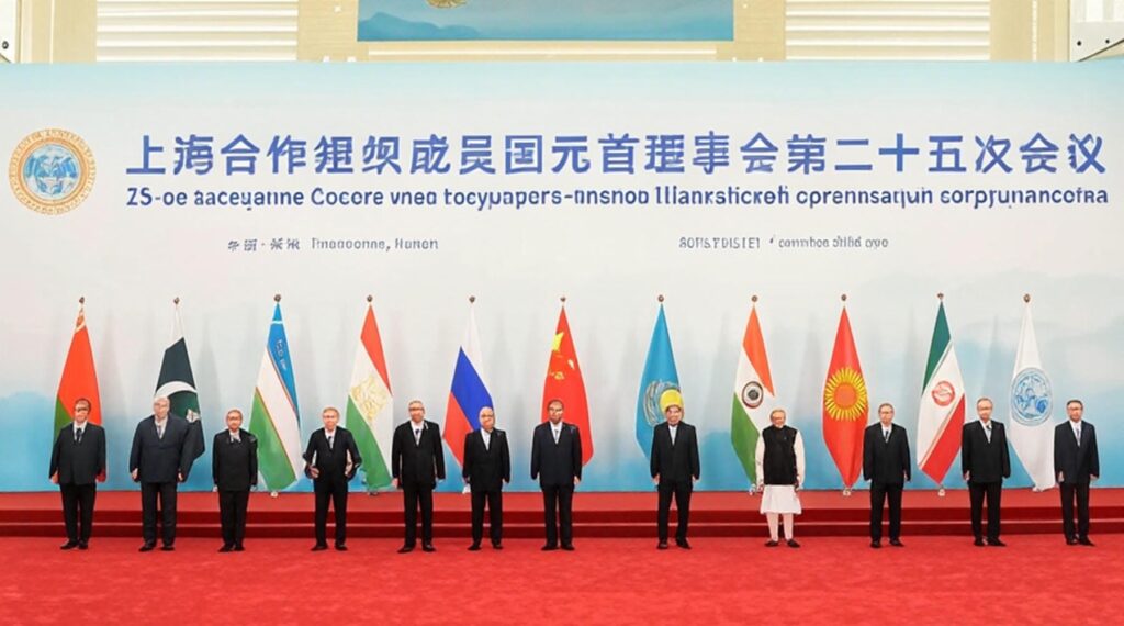 The image depicts a row of national flags representing the member states of the Shanghai Cooperation Organisation (SCO), arranged on flagpoles above a wooden surface. The flags include those of Kazakhstan, Kyrgyzstan, Iran, Russia, India, China, Uzbekistan, Tajikistan, Pakistan, and possibly others, symbolizing the organization's diverse membership. In the center, the acronym "SCO" is prominently displayed in large, gold-colored letters. The background features a light blue wall with a world map, adding a global context to the composition. The edited version of the image includes a refined background with a world map and a polished wooden surface, enhancing the formal and diplomatic presentation.