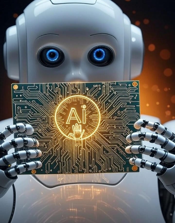 A white humanoid robot with blue eyes holds a circuit board with a glowing "AI" symbol in the center, set against a dark background with a warm orange glow and subtle light effects.