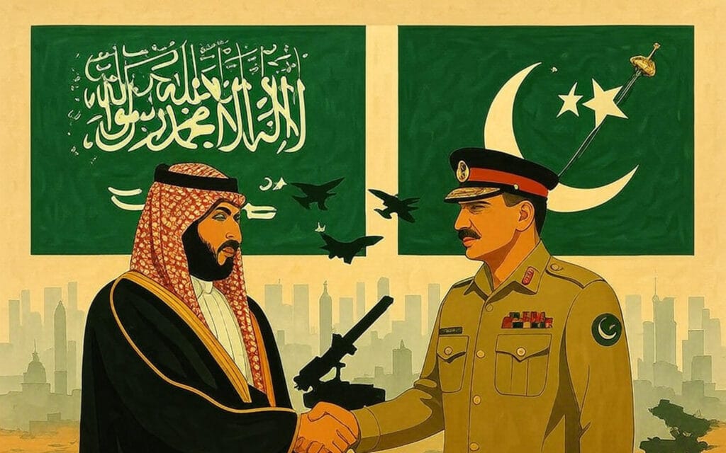 The image depicts a symbolic handshake between two individuals representing Saudi Arabia and Pakistan. On the left, a figure dressed in traditional Saudi attire, including a red and white checkered headscarf and a black robe with gold trim, stands against a background featuring the Saudi flag and silhouettes of fighter jets. On the right, a figure in a Pakistani military uniform with a crescent and star emblem on the sleeve, wearing a peaked cap with insignia, stands against a background featuring the Pakistani flag and silhouettes of military equipment, including a tank and a missile launcher. The background includes faint outlines of city skylines and notable landmarks, suggesting a diplomatic or military alliance between the two nations.