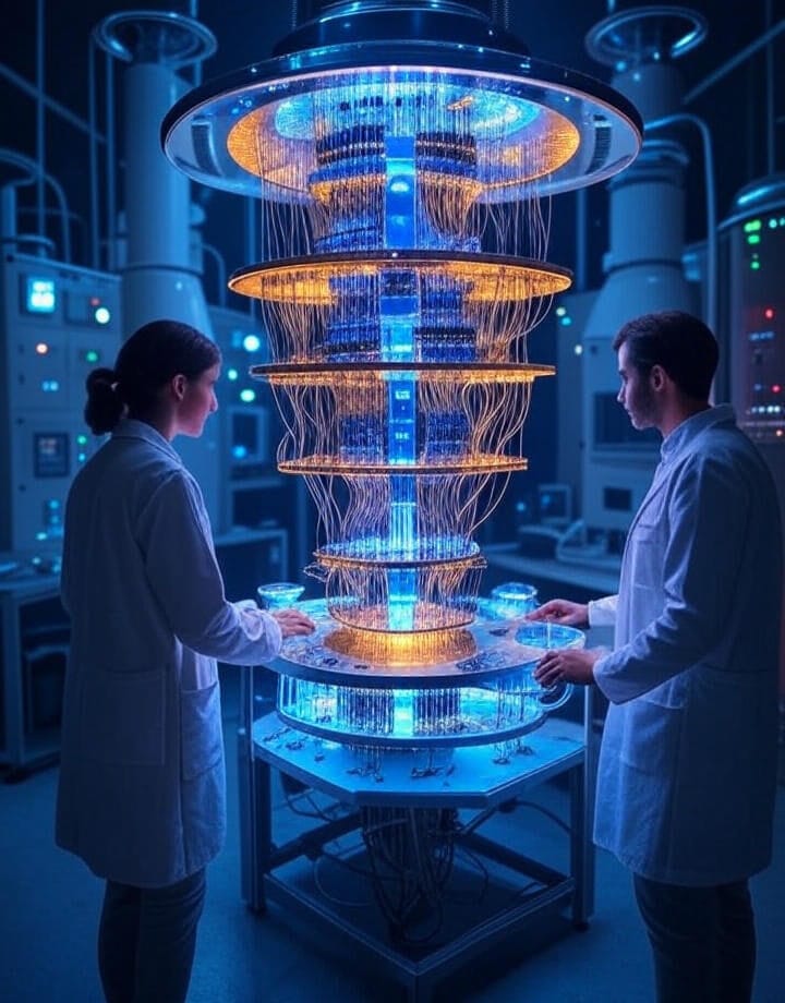 A detailed view of a quantum processor with a glowing central core surrounded by golden wiring and metallic supports, set against a dark background with dynamic blue lighting, highlighting the advanced technology and complexity of modern quantum computing systems.