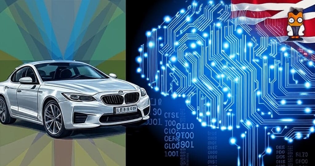 The image depicts a split composition featuring two distinct technological themes. On the left side, a sleek silver car is shown from a top-down perspective, emitting blue sensor beams in a geometric pattern against a green and gray abstract background, symbolizing autonomous driving technology. On the right side, a glowing blue brain composed of intricate circuit patterns and binary code (0s and 1s) is displayed, overlaid with a Union Jack flag and an orange cartoon character wearing a lab coat, representing artificial intelligence and British influence.