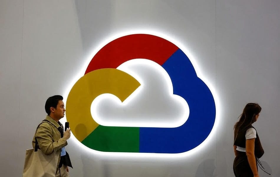 The image depicts a large, illuminated Google Cloud logo featuring a multicolored cloud design with red, yellow, green, and blue sections, mounted on a white wall. In the foreground, two individuals are visible: one person on the left, dressed in a beige jacket and carrying a bag, appears to be speaking or holding a device, while another person on the right, wearing a sleeveless top and dark pants, stands with their back turned. The setting suggests a professional or exhibition environment.