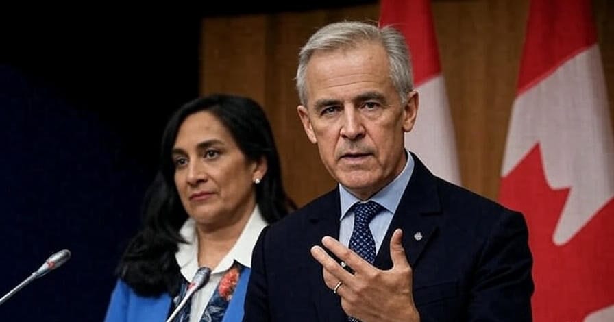 The image depicts two individuals standing in front of a wooden backdrop with multiple Canadian flags. The individual in the foreground is a man wearing a dark suit, light blue shirt, and a patterned tie, gesturing with his right hand. The individual in the background is a woman wearing a blue suit jacket with a floral-patterned scarf and a white blouse, positioned slightly to the left and behind the man.