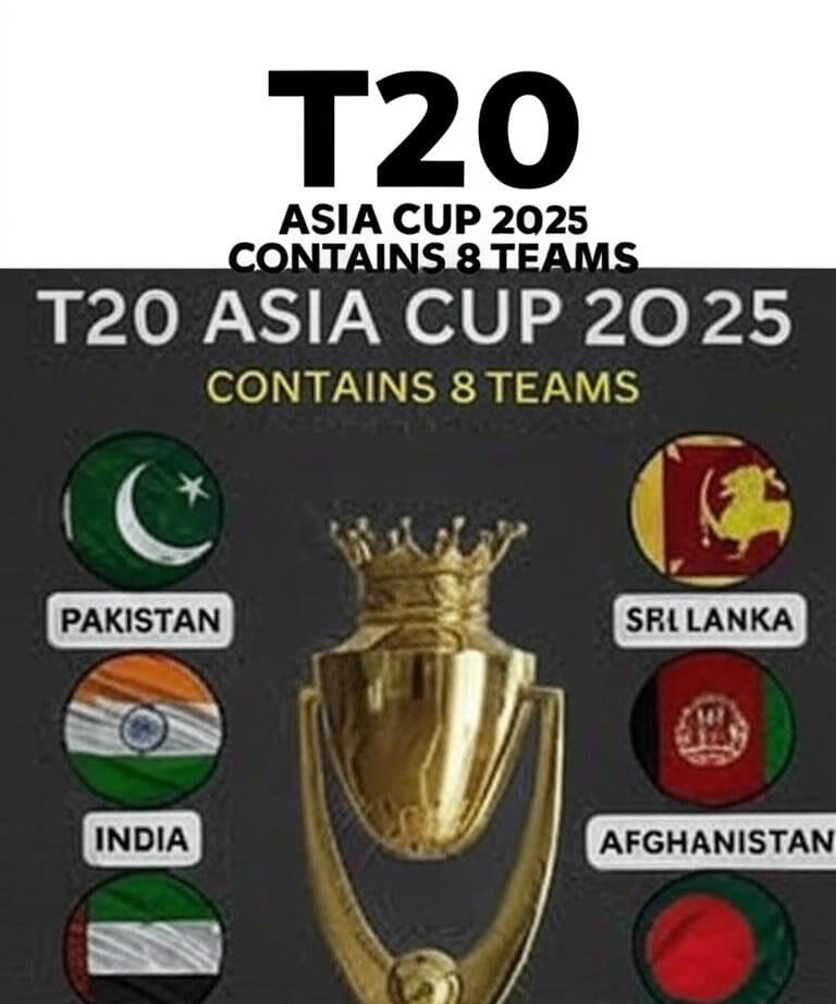 The image is a promotional graphic for the "T20 Asia Cup 2025," featuring a central golden trophy with a crown design, labeled "Asia Cup." The text at the top reads "T20 ASIA CUP 2025 COF CONS" and "CONTAINS 8 TEAMS 8 TEAMS" in bold white and yellow letters. Surrounding the trophy are the flags and names of eight participating teams: Pakistan, India, UAE, Oman, Sri Lanka, Afghanistan, Bangladesh, and Nepal. Each team is represented by its national flag and a label with the country's name, arranged symmetrically around the trophy on a dark textured background. The design also includes a subtle "Cricket Zone" logo at the bottom.