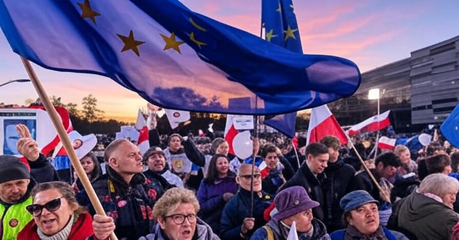 The image depicts a large group of people gathered in a public demonstration, holding various flags and signs. Prominently featured are European Union flags with a circle of yellow stars on a blue background, as well as Polish national flags with red and white stripes. The crowd appears engaged and vocal, with some individuals raising their hands or holding placards. The scene is set against a backdrop of a building and a sky with a sunset or sunrise glow, suggesting the event is taking place during twilight hours. The participants are dressed in winter clothing, indicating a cold weather condition.