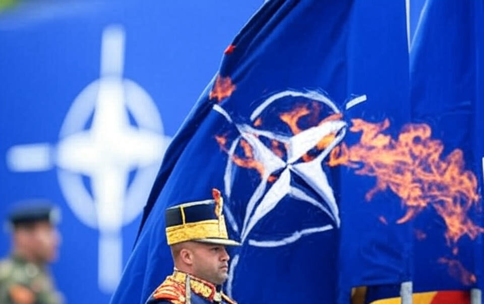 The image depicts a ceremonial scene featuring a person in a formal military uniform with a yellow and black hat adorned with decorative elements, standing in the foreground. In the background, a blue flag bearing a white star-like emblem is partially engulfed in flames. Additional flags, including one with yellow and red colors, are visible, suggesting a formal or official event, possibly with a symbolic or protest-related context.