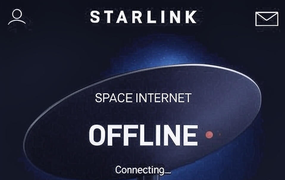 The image depicts a Starlink interface with a satellite dish graphic. The text "STARLINK" is displayed at the top, with "SPACE INTERNET" and "OFFLINE" prominently shown on the dish, accompanied by a red dot. Below "OFFLINE," the word "Connecting..." is visible, indicating an attempt to establish a connection. The background is dark, and there are icons for a user profile and an envelope in the top corners.