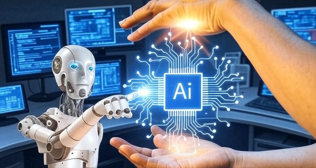 A robot with a white, humanoid design and blue eyes is pointing towards a glowing "AI" symbol integrated into a circuit board pattern, held between the robot's hand and a human hand with outstretched fingers, set against a dark background with a warm orange glow and subtle light effects.