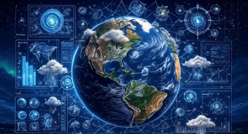 The image portrays a futuristic digital representation of Earth, centered on the Western Hemisphere, surrounded by an array of holographic interfaces. The globe features detailed landmasses and cloud formations, with a glowing blue outline and interconnected network lines. Surrounding the Earth are various data panels displaying graphs, charts, weather icons (including clouds and rain), and abstract geometric shapes, rendered in a neon blue and white color scheme against a dark background, suggesting a high-tech global monitoring system.